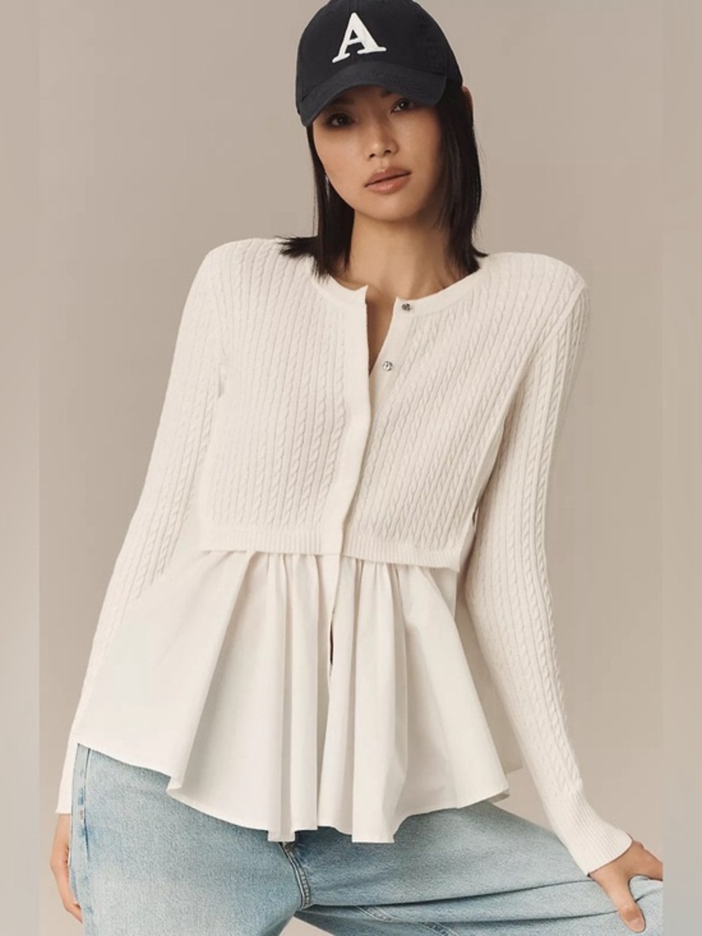 Anthropologie Ivory Cable-Knit Sweater with Cotton Shirt Bottom Size Large BNWT